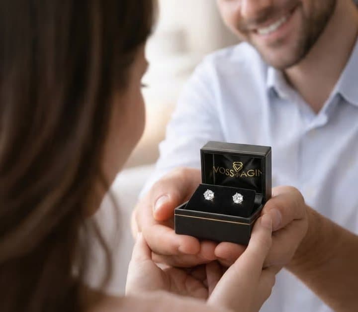 Man presenting an open box of Voss+Agin diamond studs to a woman