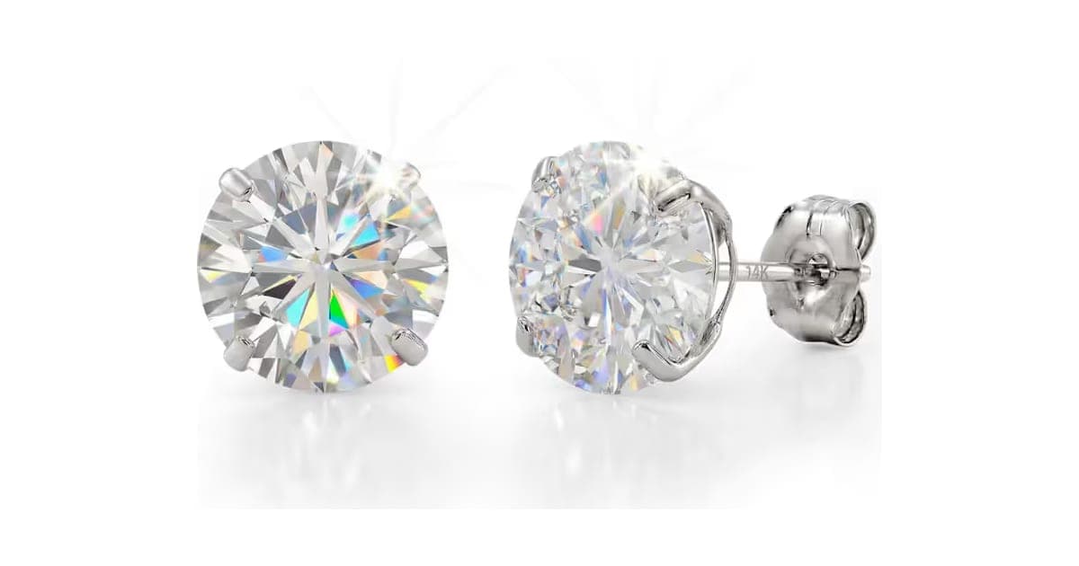 Pair of round lab-grown diamond stud earrings in white gold four-prong settings with push backs