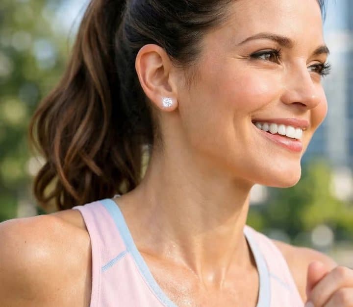 Woman smiling in profile wearing small diamond stud earrings