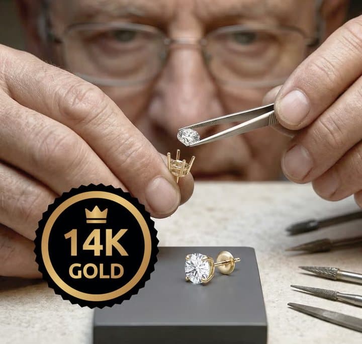 Jeweller holding a diamond with tweezers above a 14k gold setting, with a 14K Gold badge