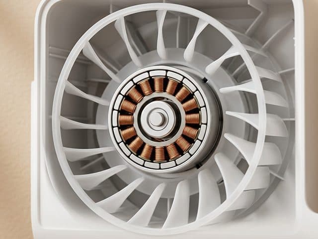 Rendered close-up of a brushless fan motor and blower wheel inside the WallBreeze housing