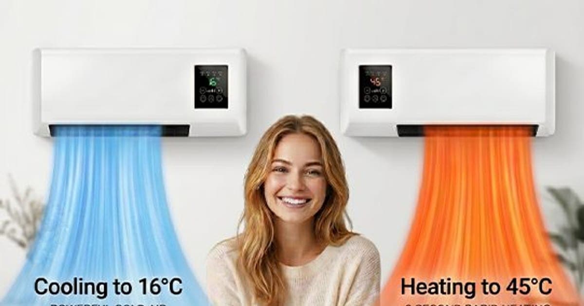 Two white WallBreeze wall units, one shown blowing blue air labelled cooling to 16°C and one orange air labelled heating to 45°C