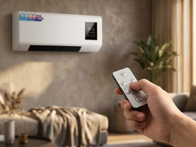 Hand holding the WallBreeze remote pointed at the wall unit above a sofa
