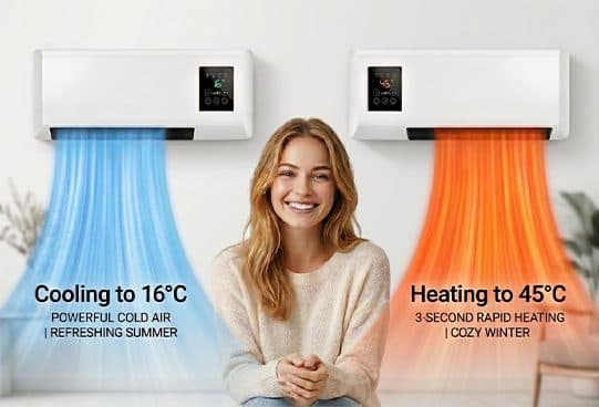 WallBreeze marketing image of two wall units with blue cooling and orange heating airflow and claims of 16°C cooling and 3-second heating to 45°C