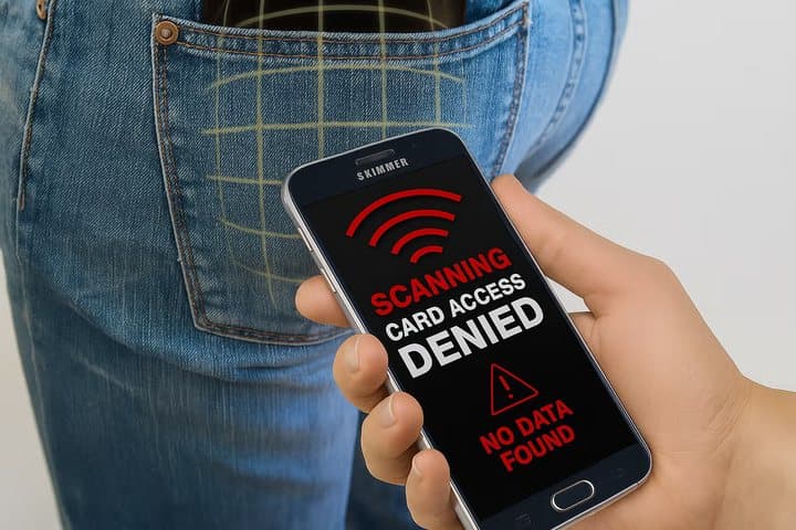 Phone screen reading Scanning, Card Access Denied, No Data Found held near a back pocket
