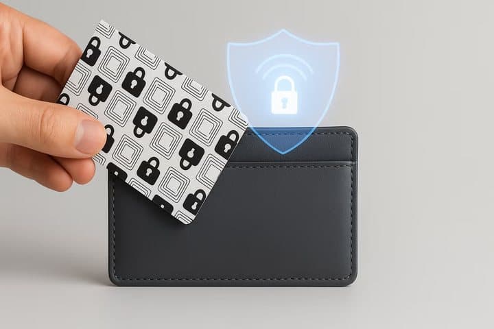 Wallet Defender card being slipped into a black wallet with a shield graphic above it