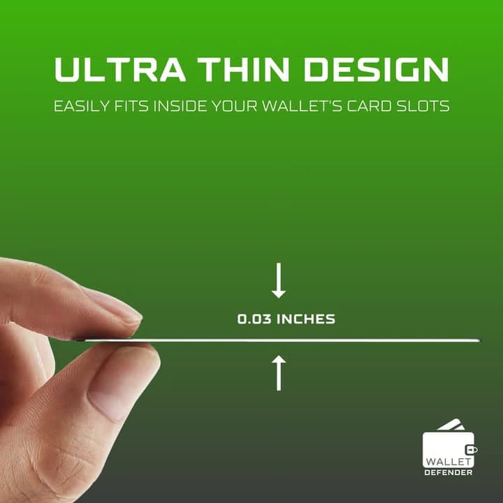 Fingers holding a thin card edge-on with a label reading 0.03 inches, Ultra Thin Design
