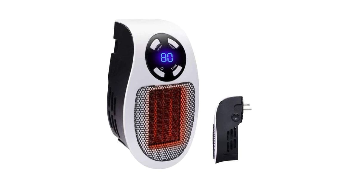White WarmAIR wall-plug heater with a round control ring, a blue display reading 80 and an orange-glowing ceramic grille
