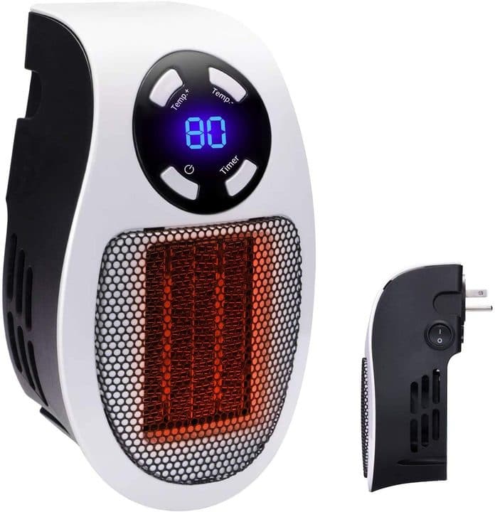White WarmAIR heater with temperature plus and minus, power and timer buttons around a display reading 80, and a side view showing the wall plug