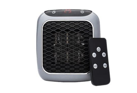 WarmAIR Pro heater with a silver frame, black grille and red display showing 25, beside a small black remote control