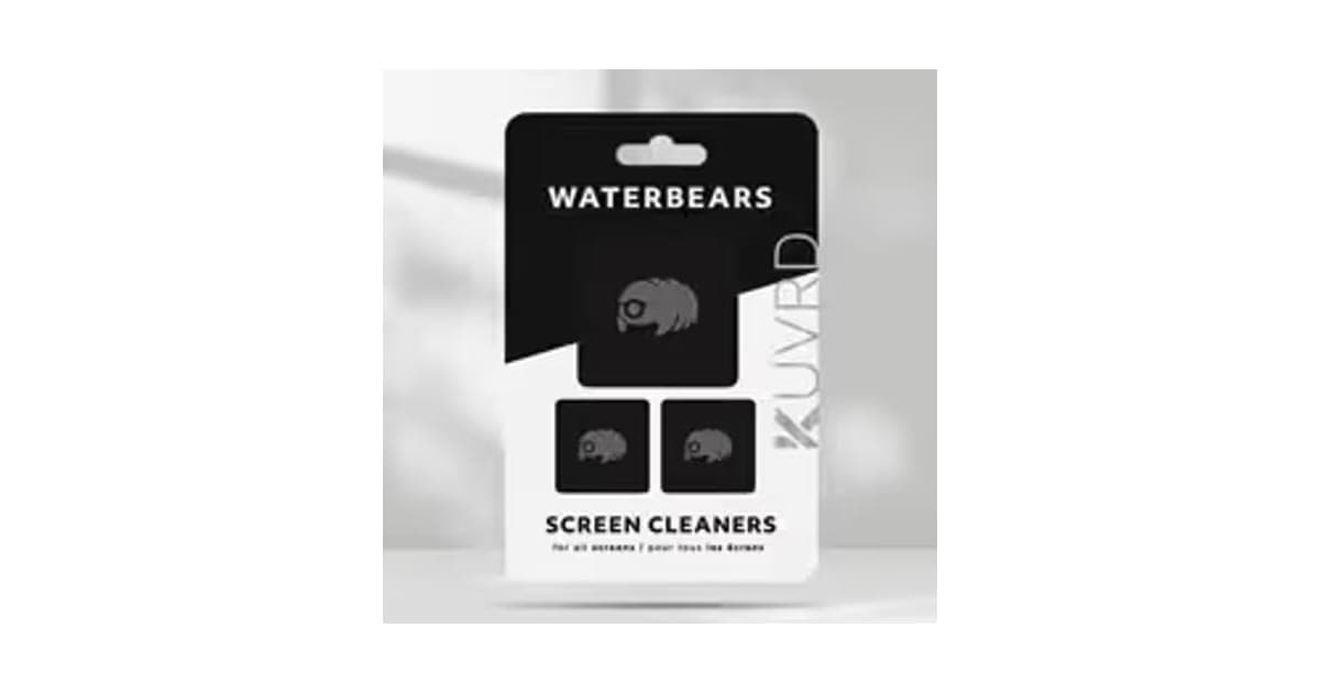 WaterBear screen cleaners pack showing one large and two small black cleaning patches with a bear logo