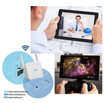 Diagram of a house showing router coverage, overlap and amplified areas around a Wifi ExtraBoost, with photos of a video call and mobile gaming