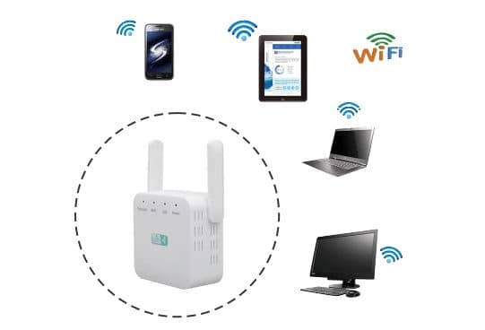White Wifi ExtraBoost repeater with two upright antennas and front status lights, surrounded by a phone, tablet, laptop and desktop with Wi-Fi symbols