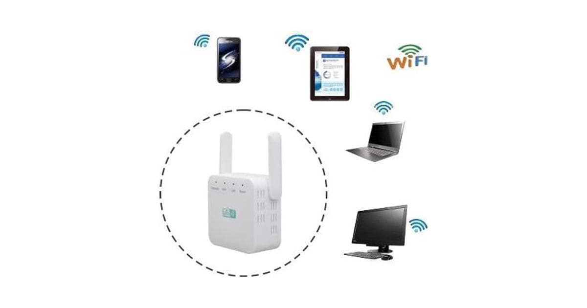 White Wifi ExtraBoost plug-in repeater with two antennas inside a dashed circle, with a phone, tablet, laptop and desktop around it