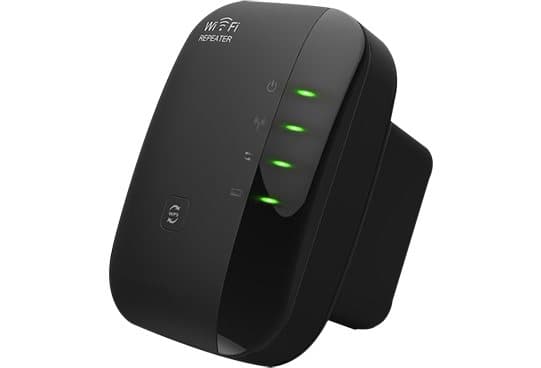 Black WIFI UltraBoost plug-in repeater seen from the front, with four green status lights lit