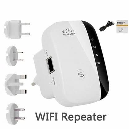 White WIFI UltraBoost repeater with a network port on its side, a cable, a leaflet and four interchangeable plug heads