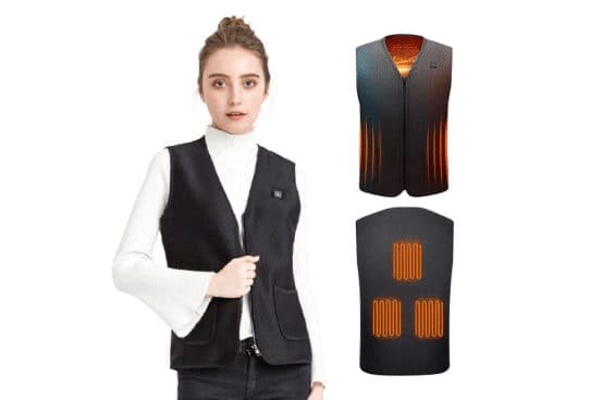 Woman in a black zip-up WinterSecret Pro vest with a chest button, next to front and back diagrams of orange heating elements