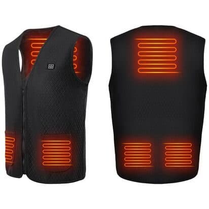 Black quilted WinterSecret Pro vest from front and back, with five glowing orange heating zones on the chest, pockets and back