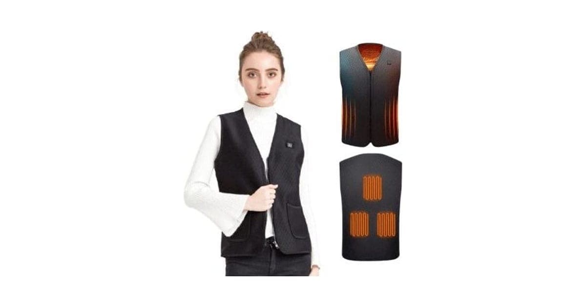 Woman wearing a black WinterSecret Pro vest over a white jumper, beside front and back views showing glowing orange heating panels
