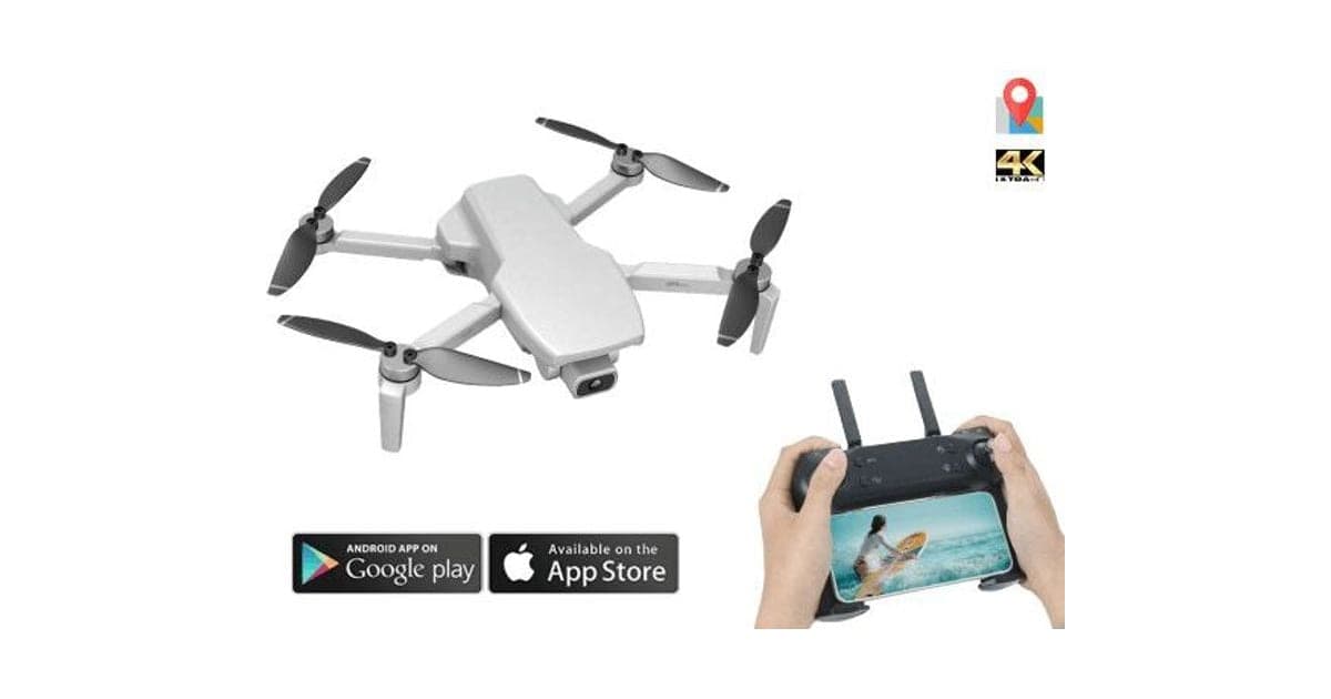 Grey folding XPro Drone with four black propellers and a front camera, beside a controller holding a phone