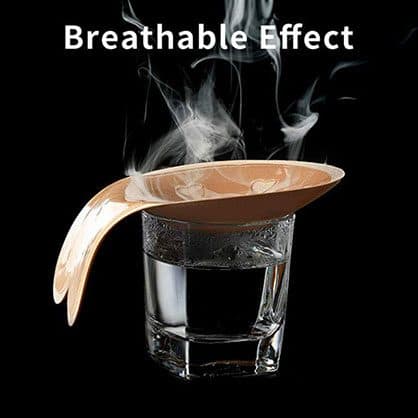 Nude Y-Bra cup draped over a glass of steaming water under the words Breathable Effect, used for the anti-perspirant add-on