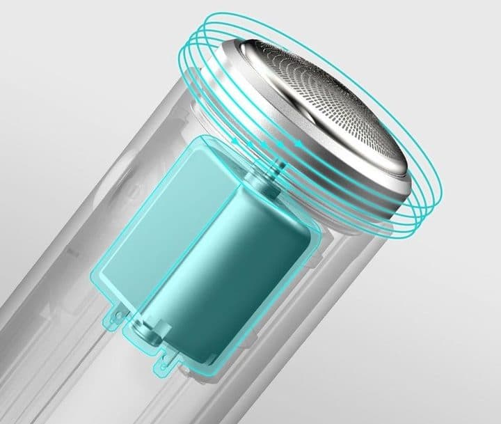 Cutaway illustration of the shaver showing a teal motor below a round metal foil head with rotation rings
