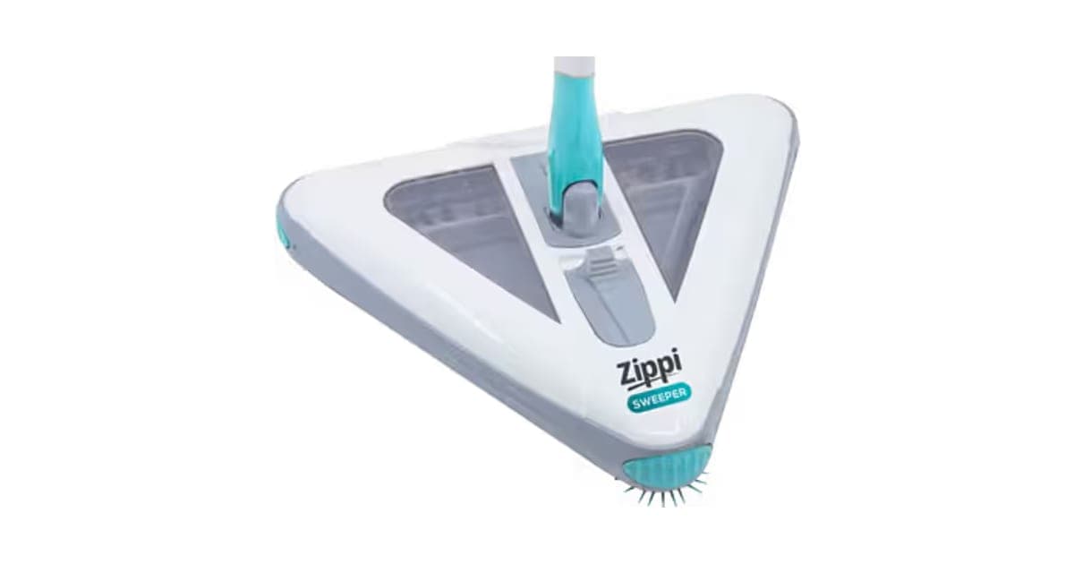 White and teal triangular Zippi Sweeper head with a handle on a white background