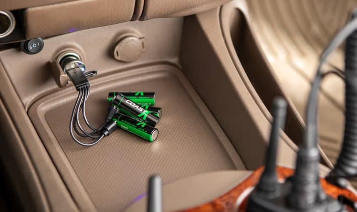 Zithion-X batteries charging from a USB port in a car centre console