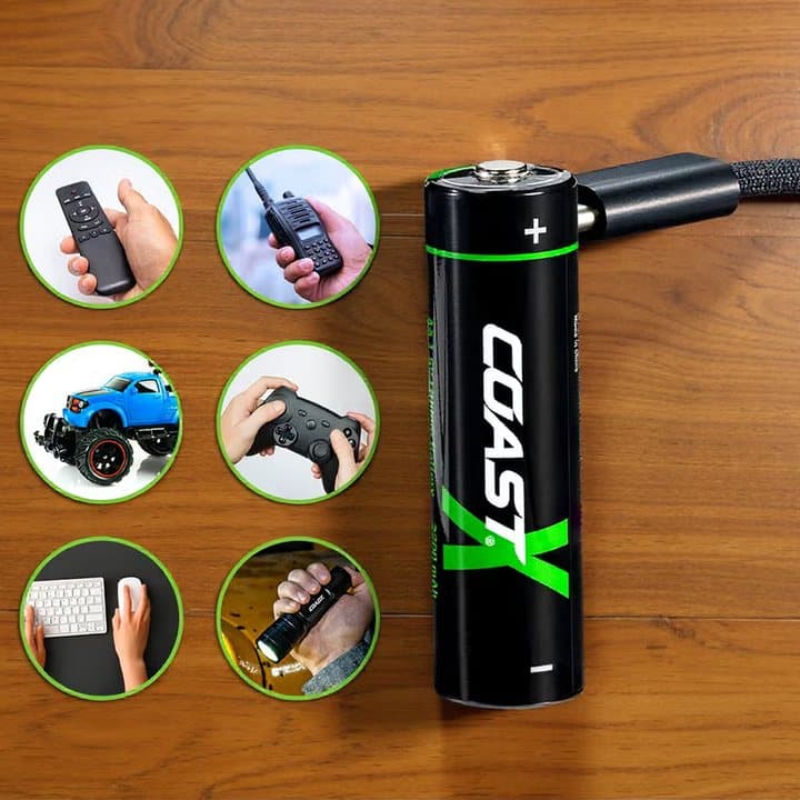 Zithion-X battery with USB-C cable beside icons of a remote, radio, toy truck, game controller, mouse and flashlight