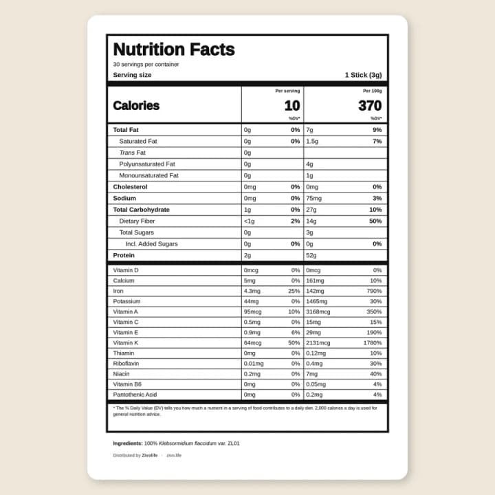 Zivolife nutrition facts panel for one 3 g stick