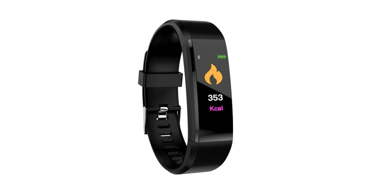 Black ActiV8 fitness band with a small colour screen showing a flame icon and 353 kcal