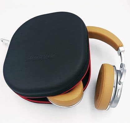 Black zip hard case printed with the Bluedio name, half open with tan and silver headphones folded inside, sold as the ActivBeat 2.0 carrying case