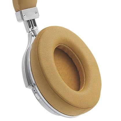 Close-up of an ActivBeat 2.0 tan ear cushion with stitched leather-look cover and a fabric inner mesh