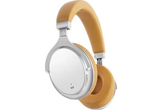 ActivBeat 2.0 headphones from the side, showing a polished silver ear cup, metal hinge and tan padded headband