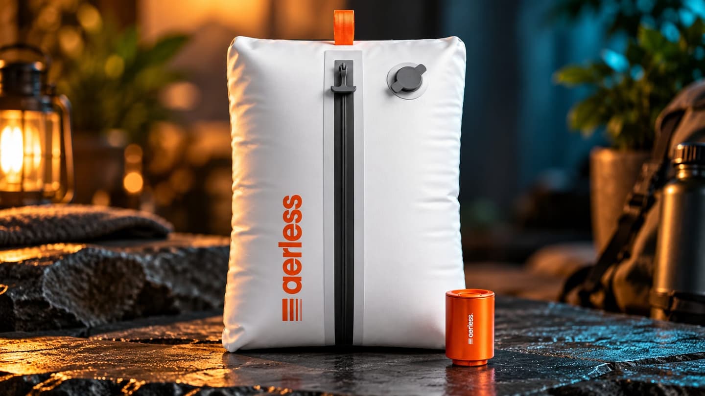 A white Aerless vacuum bag with a black zip and orange Aerless lettering, standing beside the small orange Aerless rechargeable pump
