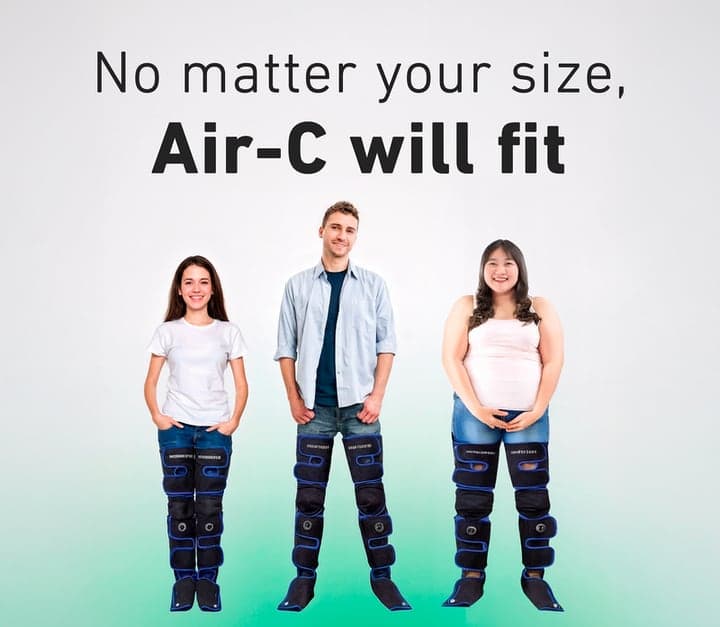 Three people of different heights and builds each wearing the Air-C leg wraps