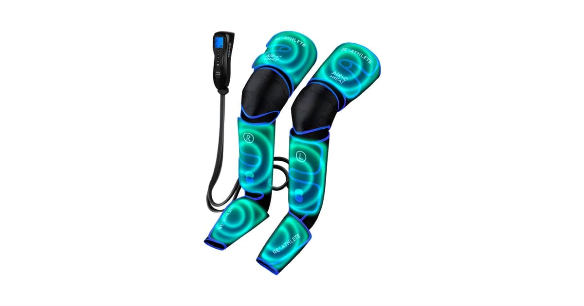 Air-C leg massager wraps for both legs, from foot to thigh, connected by tubes to a handheld control unit with a blue display