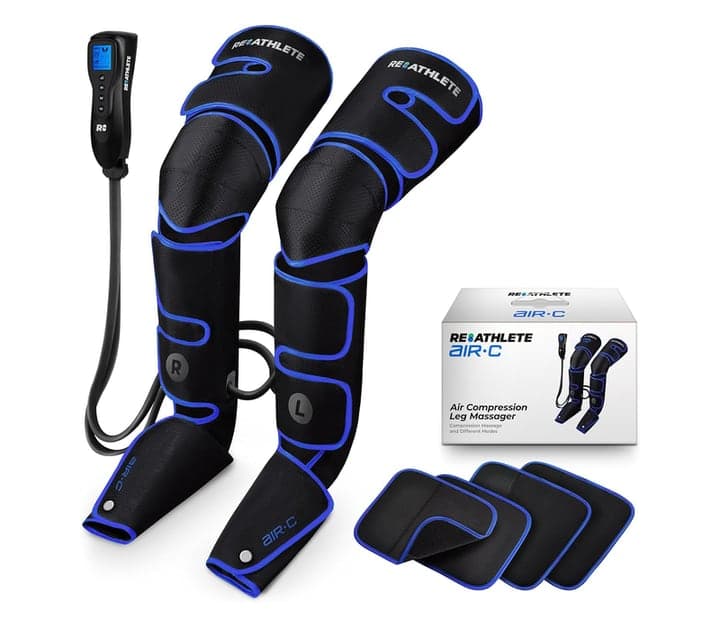 Air-C leg massager wraps, control unit, gel packs and retail box laid out together