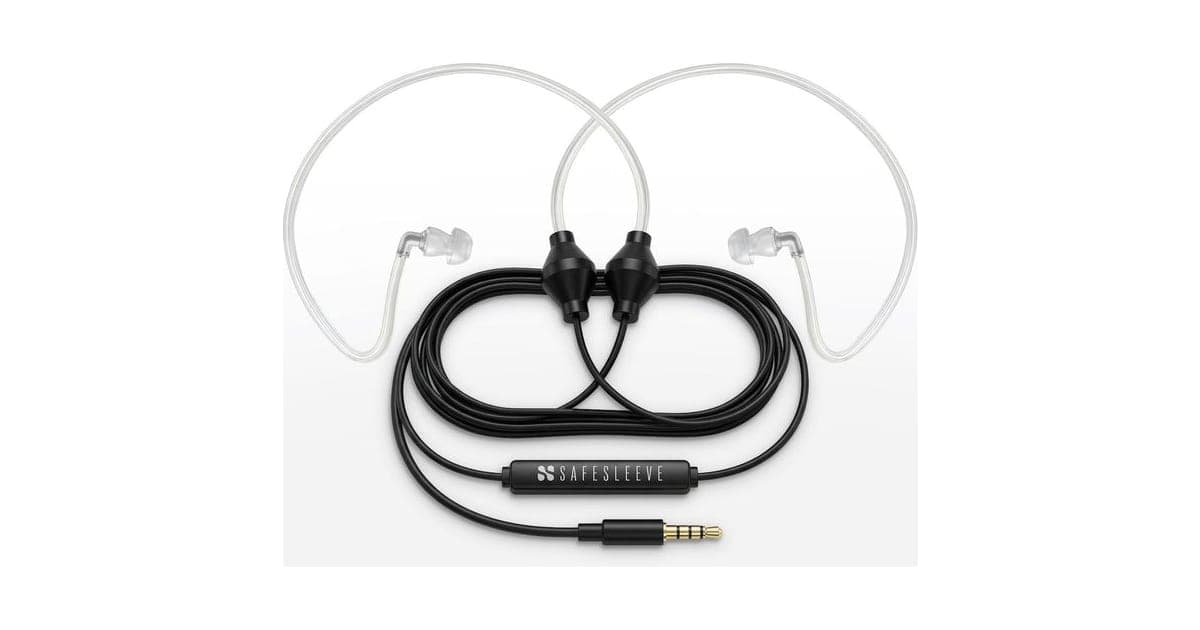 SafeSleeve Air-Tube headphones with clear silicone tubes, black driver capsules and an in-line remote