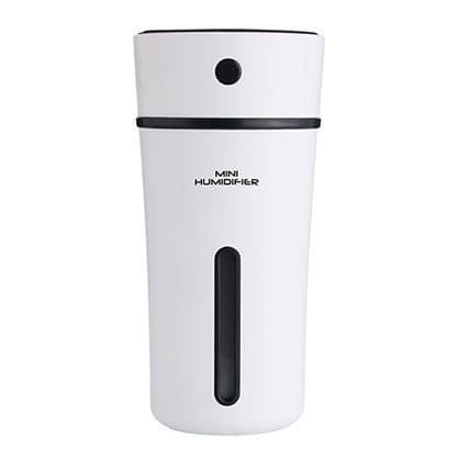 White AirMoisturize Max cylinder with a black band, a mist hole on top and a narrow water level window, labelled mini humidifier