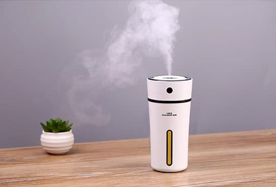 AirMoisturize Max white cup-shaped humidifier labelled mini humidifier, with a water window and mist rising, on a wooden table next to a potted succulent
