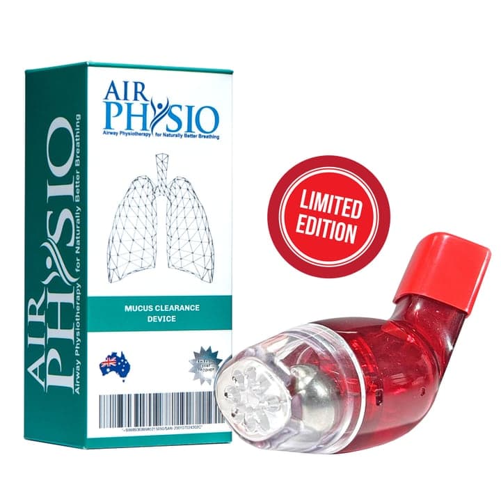 AirPhysio retail box labelled mucus clearance device, beside the red AirPhysio device