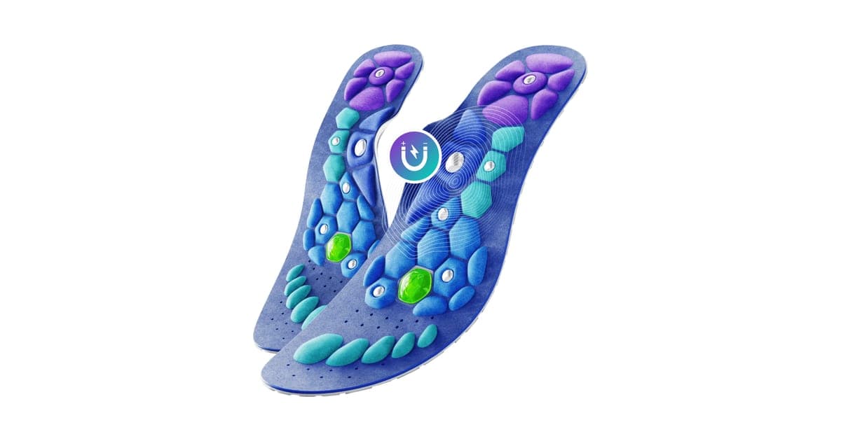 Pair of blue and purple Akusoli acupressure insoles with raised nodules and small magnets