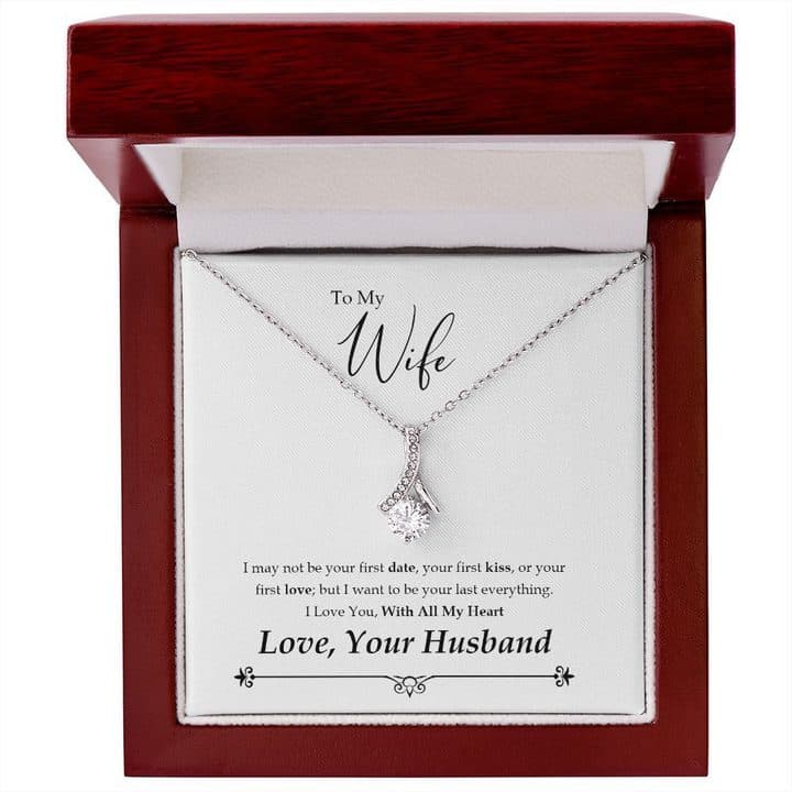 Silver-tone Alluring Beauty Necklace on its To My Wife card inside an open glossy red-brown mahogany-style box