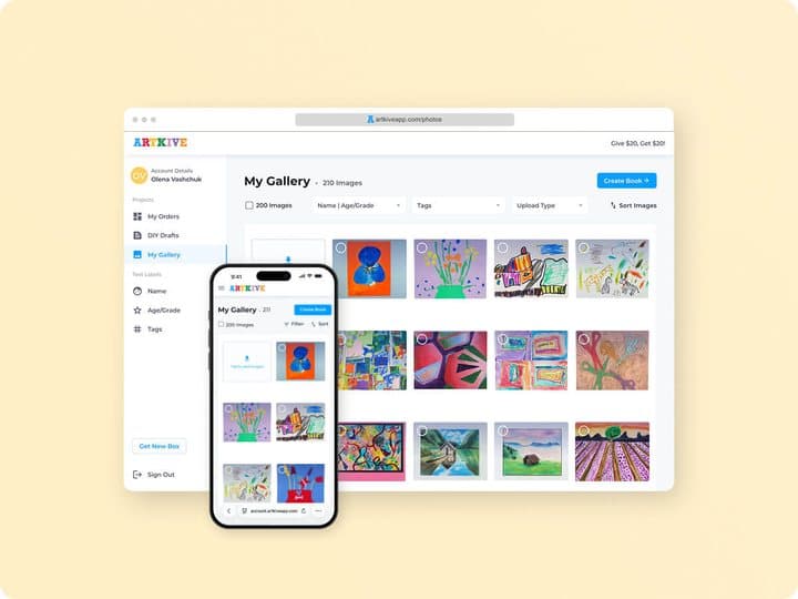 Artkive online gallery on a laptop and phone showing a grid of digitised children's art