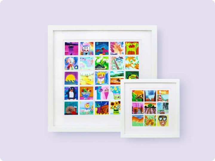 Large and small white framed mosaics each showing a grid of children's artwork