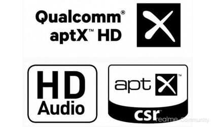 Qualcomm aptX HD, HD Audio and CSR aptX logos with a realme Community watermark