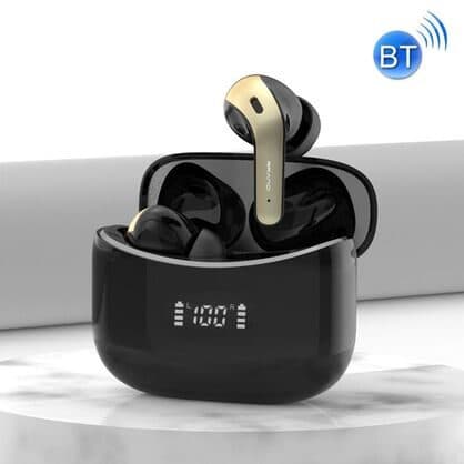 AudioHall Pro earbuds in their open case on a marble surface, with a blue BT Bluetooth icon