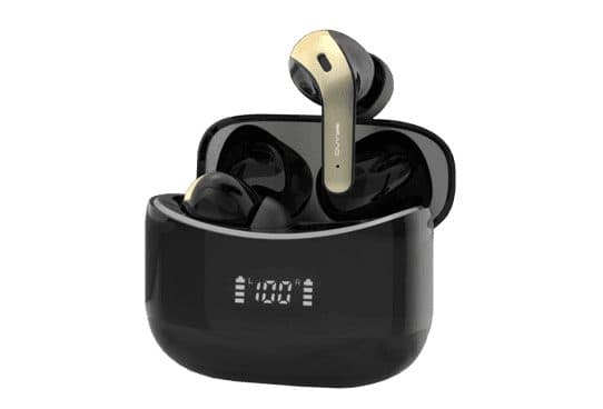 AudioHall Pro black earbuds with gold stems, one lifted out of a glossy black case showing 100 on an LED display
