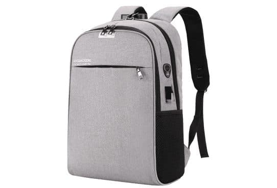 Grey BackXPack backpack angled to show the front pocket, a headphone port and USB port on the side, a mesh bottle pocket and a lock at the top zips